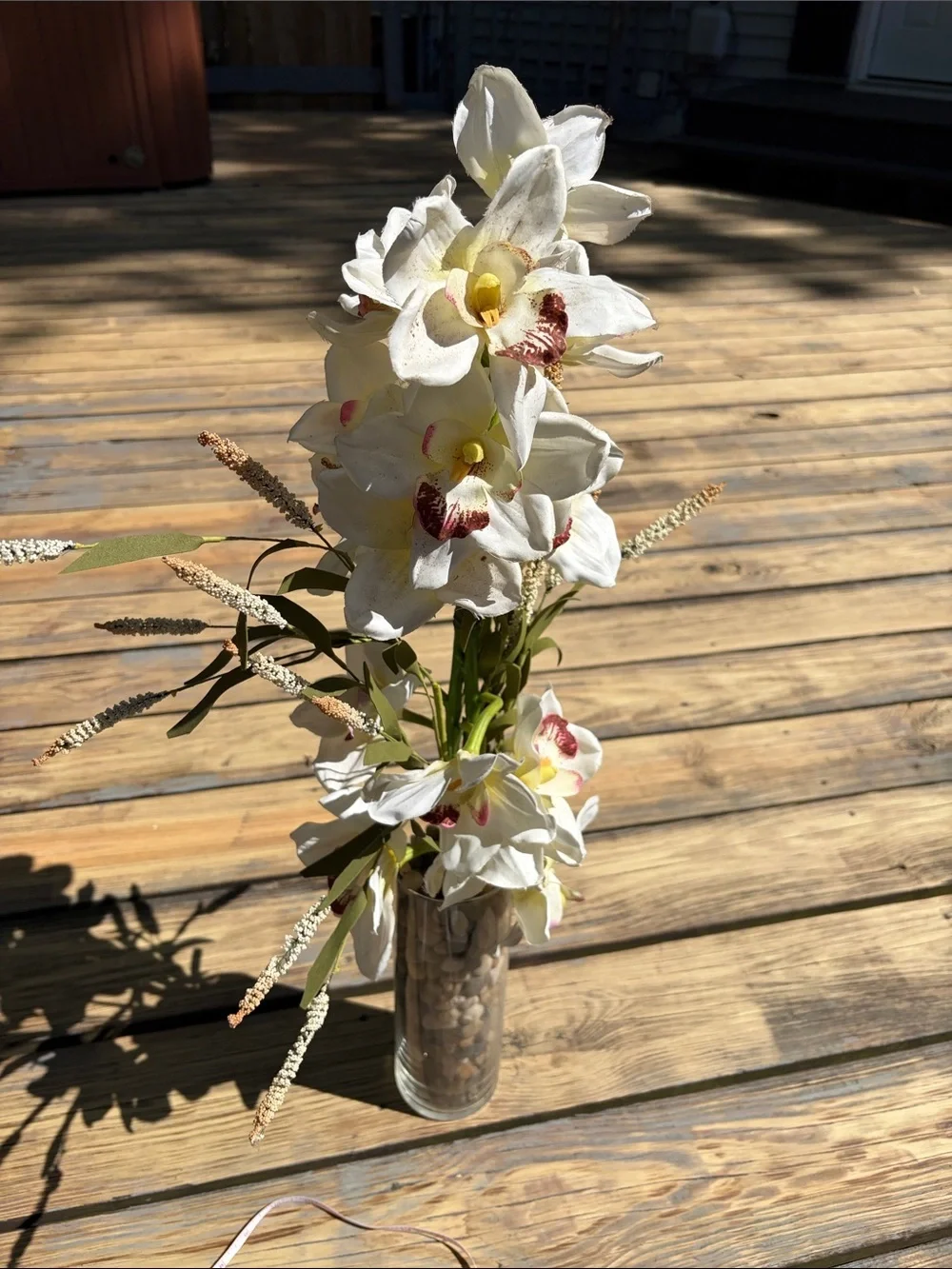 White Orchid Artificial Arrangement in Glass Vase with River Rocks